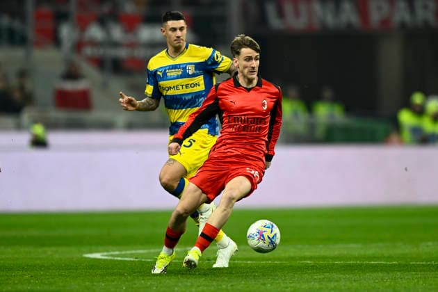 2026-02-22 AC Milan v Parma Calcio 1913 - Serie A MILAN, ITALY - FEBRUARY 22: Alexis Saelemaekers of AC Milan during the Serie A match between AC Milan and Parma Calcio 1913 at Giuseppe Meazza Stadium on February 22, 2026 in Milan, Italy. (Photo by Alberto Gandolfo BSR Agency) Milan Italy Content not available for redistribution in The Netherlands directly or indirectly through any third parties. Copyright: xBSRxAgencyx