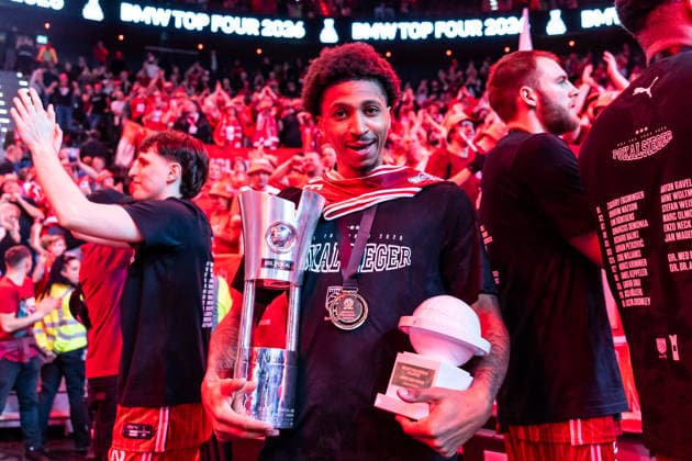 GER, BMW Top Four, Basketball BBL Pokal, Final, BMA365 Bamberg Baskets ALBA Berlin 22 02 2026, SAP Garden, Munich, GER, BMW Top Four, Basketball BBL Pokal, Final, BMA365 Bamberg Baskets ALBA Berlin Demarcus Demonia BMA365 Bamberg Baskets, 8 with the BBL Pokal Photo Alexander Trienitz Munich SAP Garden Bayern Germany