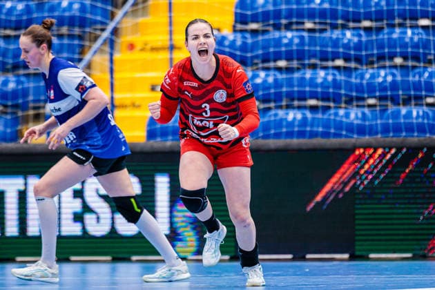 Emilia Varga MOL Esztergom, 03 celebrates after scoring goal GER, HSG Blomberg Lippe GER vs MOL Esztergom HUN , Handball, EHF European League Women, Group Phase, 22 02 2026 GER, HSG Blomberg Lippe GER vs MOL Esztergom HUN , Handball, EHF European League Women, Group Phase, 22 02 2026 Lemgo Copyright: xEibner-Pressefoto JanxRollingerx EP_JSK