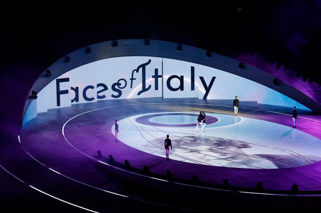 Artists performs as Faces of Italy are displayed during the Closing Ceremony of the Milano Cortina 2026 Olympic Games, Olympische Spiele, Olympia, OS at Verona Arena in Verona, Italy, on Sunday, February 22, 2026. Norway won the most medals with a total of 41, with the United States following at 33.  ITA20260222101 AARONxJOSEFCZYK