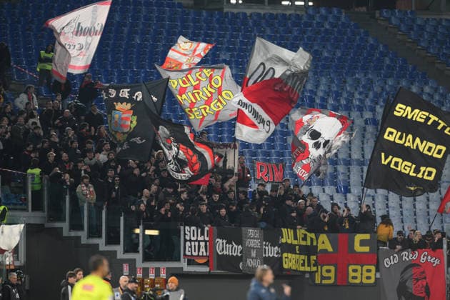 22nd February 2026, Stadio Olimpico, Rome, Italy; Serie A Football; Roma versus Cremonense; Cremonese s fans wave a flag before kick-off  AllShotLive Content restricted for UK based newspaper