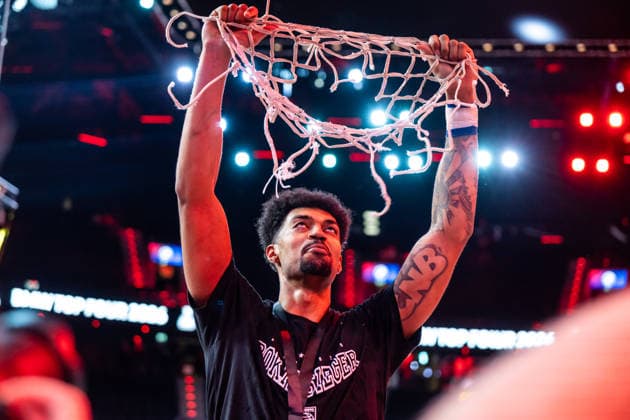 GER, BMW Top Four, Basketball BBL Pokal, Final, BMA365 Bamberg Baskets ALBA Berlin 22 02 2026, SAP Garden, Munich, GER, BMW Top Four, Basketball BBL Pokal, Final, BMA365 Bamberg Baskets ALBA Berlin Ibi Watson BMA365 Bamberg Baskets, 2 with the net Photo Alexander Trienitz Munich SAP Garden Bayern Germany