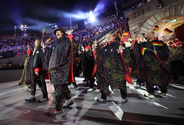(260222) -- VERONA, Feb. 22, 2026 -- Members of the delegation of Germany parade during the closing ceremony of the Milan-Cortina 2026 Olympic Winter games, Winterspiele,Spiele, Summer games at Verona Olympic Arena in Verona, Italy, Feb. 22, 2026. ) (MICO2026)ITALY-VERONA-OLYMPIC WINTER GAMES-CLOSING CEREMONY LixMing 