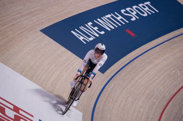 Emma FInucane after winning the 1 8th final in the Womens Sprint. Lloyds National Track cycling, Rad, Radsport, Bahnrad, Bahn Championship, National Cycling Centre, Manchester, England, 22nd Feb 2026. Copyright: xSeanxWalshx Sportspressphoto_SPR96544