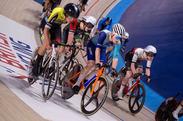 Action from the second heat of the Mens Points Race. Lloyds National Track cycling, Rad, Radsport, Bahnrad, Bahn Championship, National Cycling Centre, Manchester, England, 22nd Feb 2026. Copyright: xSeanxWalshx Sportspressphoto_SPR96555