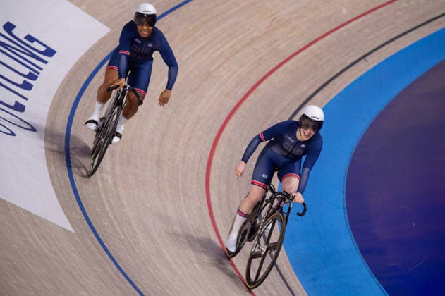 Rhianna Parris Smith and Lowri Thomas after their Womens Sprint quarter final. Lloyds National Track cycling, Rad, Radsport, Bahnrad, Bahn Championship, National Cycling Centre, Manchester, England, 22nd Feb 2026. Copyright: xSeanxWalshx Sportspressphoto_SPR96589