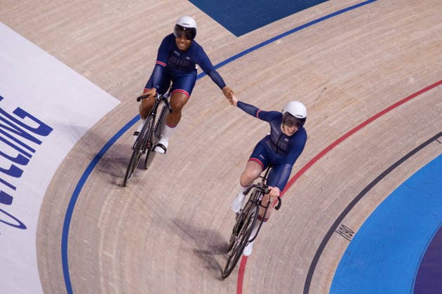 Rhianna Parris Smith and Lowri Thomas after their Womens Sprint quarter final. Lloyds National Track cycling, Rad, Radsport, Bahnrad, Bahn Championship, National Cycling Centre, Manchester, England, 22nd Feb 2026. Copyright: xSeanxWalshx Sportspressphoto_SPR96590