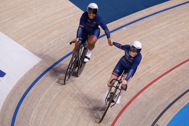 Rhianna Parris Smith and Lowri Thomas after their Womens Sprint quarter final. Lloyds National Track cycling, Rad, Radsport, Bahnrad, Bahn Championship, National Cycling Centre, Manchester, England, 22nd Feb 2026. Copyright: xSeanxWalshx Sportspressphoto_SPR96591