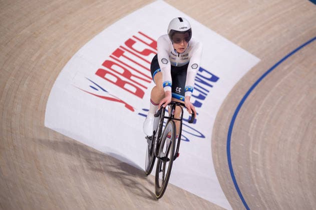 Emma Finucane after winning her Womens Sprint quarter final. Lloyds National Track cycling, Rad, Radsport, Bahnrad, Bahn Championship, National Cycling Centre, Manchester, England, 22nd Feb 2026. Copyright: xSeanxWalshx Sportspressphoto_SPR96600