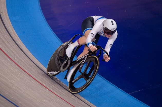 Emma FInucane in action in the Womens Sprint quarter final. Lloyds National Track cycling, Rad, Radsport, Bahnrad, Bahn Championship, National Cycling Centre, Manchester, England, 22nd Feb 2026. Copyright: xSeanxWalshx Sportspressphoto_SPR96605