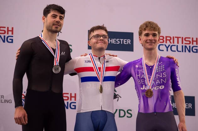 Podium for the Mens Points race. Lloyds National Track cycling, Rad, Radsport, Bahnrad, Bahn Championship, National Cycling Centre, Manchester, England, 22nd Feb 2026. Copyright: xSeanxWalshx Sportspressphoto_SPR96644