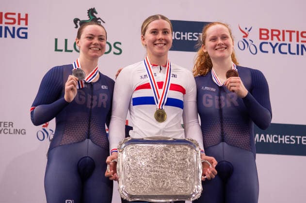 Podium for the Womens Sprint. Lloyds National Track cycling, Rad, Radsport, Bahnrad, Bahn Championship, National Cycling Centre, Manchester, England, 22nd Feb 2026. Copyright: xSeanxWalshx Sportspressphoto_SPR96645