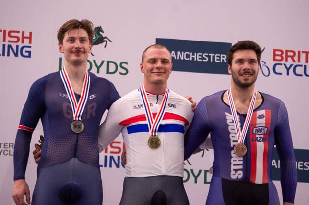 Podium for the Mens Kieran. Lloyds National Track cycling, Rad, Radsport, Bahnrad, Bahn Championship, National Cycling Centre, Manchester, England, 22nd Feb 2026. Copyright: xSeanxWalshx Sportspressphoto_SPR96650