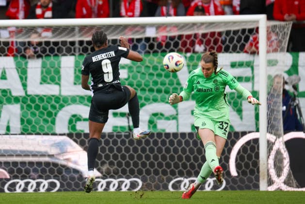 Munich, Germany 22 February 2026 1 Womens Bundesliga 2025 2026 19 Matchday FC Bayern Munich Women vs VfL Wolfsburg Women In the picture from left Lineth Beerensteyn VfL jumps into the shot of goalkeeper Ena Mahmutovic FCB Copyright: HMBxMedia MadeleinexFantini