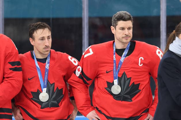 Olympics Milano Cortina 2026: Gold Medal Game Mens Ice hockey, Eishockey Canada Vs United States Feb 22 February 22, 2026: Brad Marchand (63) and Sidney Crosby (87) of Canada look on during medal ceremony following the Mens Ice Hockey Gold Medal game between Canada and USA held at Milano Santagiulia Ice Hockey Arena during the Milano Cortina 2026 Olympic Games, Olympische Spiele, Olympia, OS in Milan, Italy. MilanoCortina2026 Daniel Lea (Credit Image: Â Daniel Lea Cal Media) Milan Italy EDITORIAL USE ONLY Copyright: xx ZUMA-20260222_zma_c04_049.jpg DanielxLeax csmphotothree475196