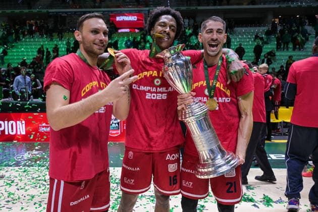 BASKET - Coppa Italia - Frecciarossa Final Eight 2026 - Final - EA7 Emporio Armani Milano vs Bertram Derthona Tortona EA7 Emporio Armani Milano celebrates with the cup after winning the final match against Bertram Derthona Tortona for the Final Eight of the 2026 Coppa Italia Frecciarossa LBA, at the Inalpi Arena in Turin. Turin Italy  Copyright: xIPAxSport ABACAx