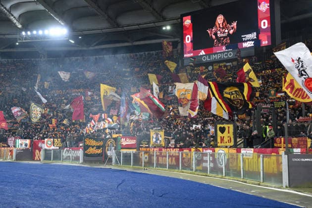 CALCIO - Serie A - AS Roma vs US Cremonese Roma s fans wave a flag before kick-off during the match of 26th day of the Serie A Championship between A.S.Roma and U.S.Cremonese at the Olimpico Stadium on Feb 22, 2026 in Rome, Italy. during AS Roma vs US Cremonese, Italian soccer Serie A match in Rome, Italy, February 22 2026 Rome Italy  Copyright: xIPAxSport ABACAx