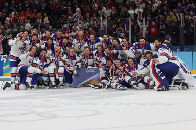 February 22, 2026: Team United States poses after winning the Gold medal in the Mens Ice hockey, Eishockey Gold Medal game between Canada and USA held at Milano Santagiulia Ice Hockey Arena during the Milano Cortina 2026 Olympic Games, Olympische Spiele, Olympia, OS in Milan, Italy. MilanoCortina2026 Olympics Milano Cortina 2026: Gold Medal Game Mens Ice Hockey Canada Vs United States Feb 22  - ZUMAc04_ 20260222_zma_c04_107 Copyright: xDanielxLeax