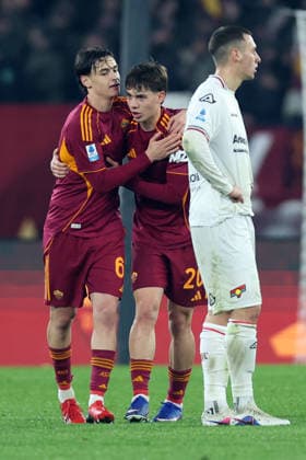 CALCIO - Serie A - AS Roma vs US Cremonese Rome, Italy - February 22, 2026: Niccolo Pisilli of Roma , score the goal and celebrate with Lorenzo Venturino of Roma action during the Serie A Enilive 2025-2026 football match between AS Roma vs US Cremonese at Olympic Stadium. Rome Italy  Copyright: xIPAxSport ABACAx