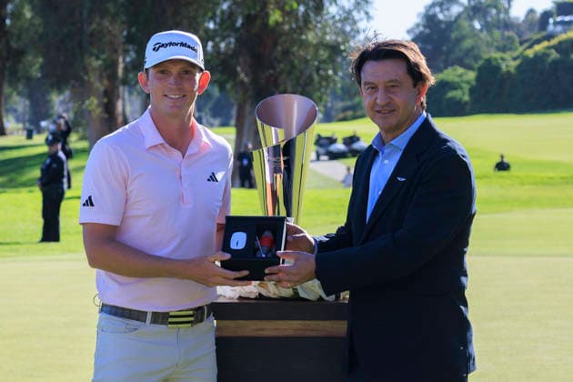 February 22, 2026, Pacific Palisades, California, USA: (L-R) Jacob Bridgeman and Jose Munoz pose with the trophy after winning the final round of the 2026 Genesis Invitational Golf Tournament on Sunday February 22, 2026 at the Riviera Country Club in Pacific Palisades, California.ARIANA RUIZ PI Jacob Bridgeman Wins The 2026 Genesis Invitational  - ZUMAp124 20260222_zaa_p124_094 Copyright: xArianaxRuizx
