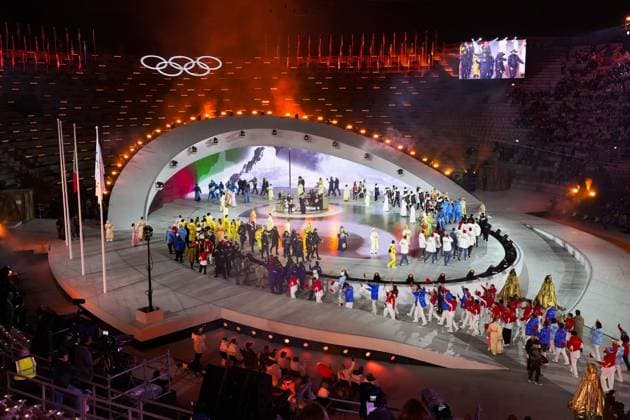 Milan Cortina Olympics: Closing ceremony Athletes enter the Verona Olympic Arena, a Roman amphitheater in Verona, Italy, during the closing ceremony of the Milan Cortina Olympics on Feb. 22, 2026. (Pool photo)  A14AA0005317682P