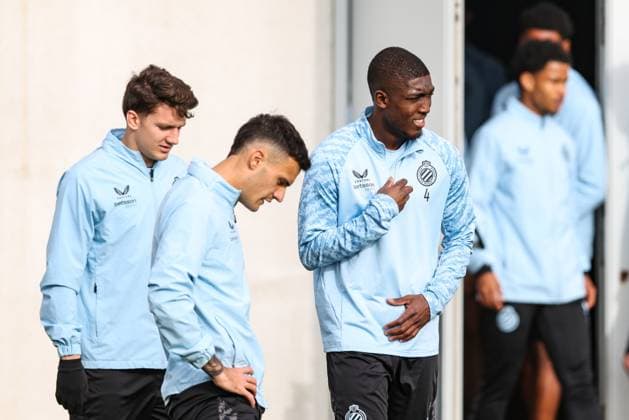 Club s Christos Tzolis, Club s Aleksandar Stankovic and Club s Joel Ordonez pictured during a training session of Belgian soccer team Club Brugge, in Knokke-Heist, on Monday 23 February 2026. Tomorrow, Club Brugge will play against Spanish team Atletico Madrid, a return leg game in the Knockout phase play-offs of the UEFA Champions League tournament. BRUNOxFAHY  x164615278x