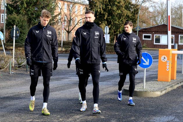 DEU, DFL, 2 FBL Hertha BSC, Training, 23 02 2026, Sportforum, Berlin, DEU, DFL, 2 FBL Hertha BSC, Training, in the picture Luca Schuler Hertha BSC Berlin 18 , Paul Seguin Hertha BSC Berlin 30 , Josip Brekalo Hertha BSC Berlin 7 DFL regulations prohibit any use of Photographs as image sequences and or quasi video nordphotoxGmbHx xEngler nph00076