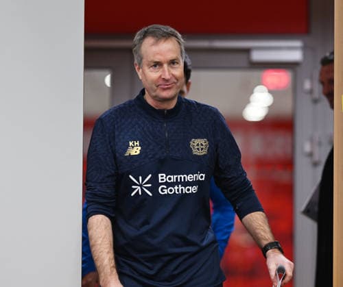 23 02 2026, xophax, Football , UEFA Champions League , 2025 2026 , Bayer Leverkusen press conference before the match against Olympiakos Piraeus Coach Kasper Hjulmand Bayer 04 Leverkusen Leverkusen