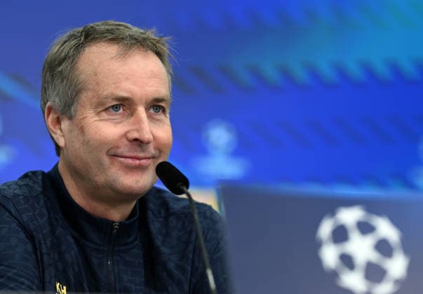 23 02 2026, xophax, Football , UEFA Champions League , 2025 2026 , Bayer Leverkusen press conference before the match against Olympiakos Piraeus Coach Kasper Hjulmand Bayer 04 Leverkusen Leverkusen