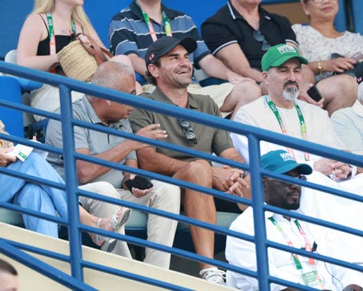 Roger Federer is guest of honor at the tournament, left DDF CEO Ramesh Cidambi and right Tournament Director Sahlah Tahlak, Dubai Duty Free Tennis Championships, Dubai, U A E Tennis Dubai Tennis Championships 2025 ATP Dubai Duty Free Tennis Stadium Dubai United Arab Emirates 23 February 2026 Copyright: xJuergenxHasenkopfx