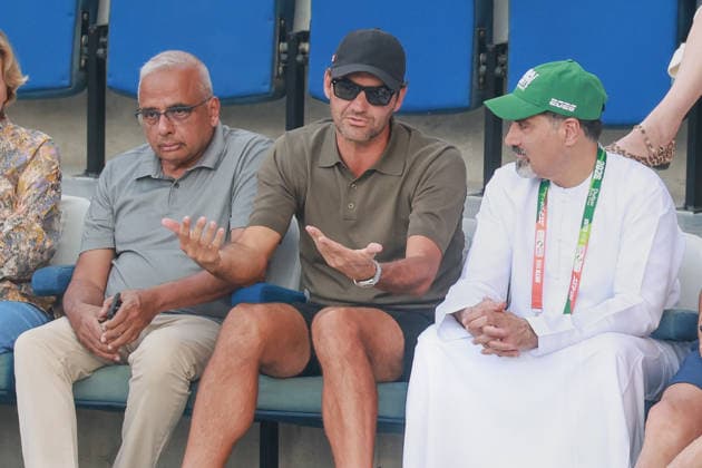 Roger Federer is guest of honor at the tournament, left DDF CEO Ramesh Cidambi and right Tournament Director Sahlah Tahlak, Dubai Duty Free Tennis Championships, Dubai, U A E Tennis Dubai Tennis Championships 2025 ATP Dubai Duty Free Tennis Stadium Dubai United Arab Emirates 23 February 2026 Copyright: xJuergenxHasenkopfx