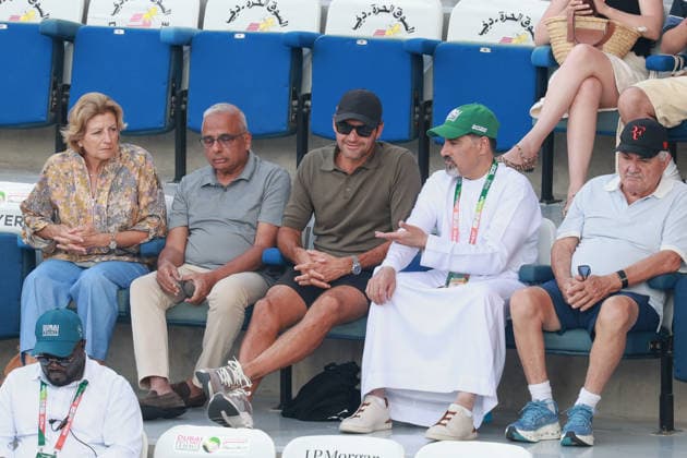 Roger Federer is guest of honor at the tournament, left DDF CEO Ramesh Cidambi and right Tournament Director Sahlah Tahlak and father Robert Federer, Dubai Duty Free Tennis Championships, Dubai, U A E Tennis Dubai Tennis Championships 2025 ATP Dubai Duty Free Tennis Stadium Dubai United Arab Emirates 23 February 2026 Copyright: xJuergenxHasenkopfx