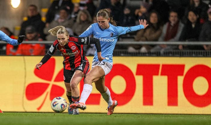 GER, Frankfurt, Eintracht Frankfurt vs SC Freiburg, Google Pixel Bundesliga, Football, DFB, Season 2025 2026, Stadion am Brentanobad, 19 Matchday in picture f l Elisa Senß Eintracht Frankfurt Women 6 , Maj Schneider SC Freiburg Women 15 DFB DFL REGULATIONS PROHIBIT ANY USE OF PHOTOGRAPHS AS IMAGE SEQUENCES AND OR QUASI VIDEO, 23 02 2026 Copyright: HMBxMedia HendrikxHamelau