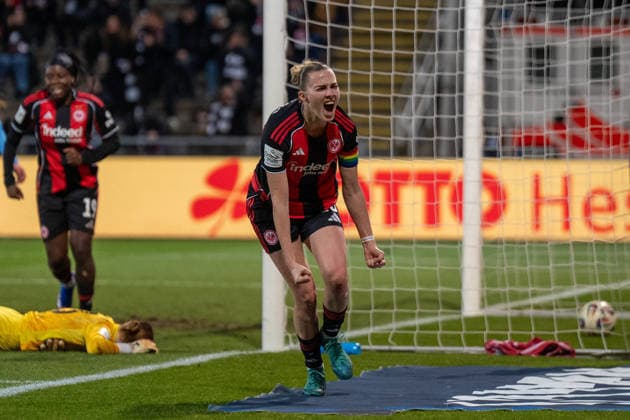 23 02 2026, xhfmx, Fußball Google Pixel Frauen Bundesliga, Eintracht Frankfurt SC Freiburg Laura Freigang Eintracht Frankfurt Frauen bejubelt Ihr Treffer zum 1 0 gegen Freiburg Tor, Goal, Jubel, Celebration DFL DFB REGULATIONS PROHIBIT ANY USE OF PHOTOGRAPHS as IMAGE SEQUENCES and or QUASI VIDEO Frankfurt am Main
