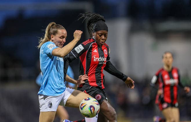 GER, Frankfurt, Eintracht Frankfurt vs SC Freiburg, Google Pixel Bundesliga, Football, DFB, Season 2025 2026, Stadion am Brentanobad, 19 Matchday in the picture from l Lisa Karl SC Freiburg Women 2 , Nicole Anyomi Eintracht Frankfurt Women 19 , Duel DFB DFL REGULATIONS PROHIBIT ANY USE OF PHOTOGRAPHS AS IMAGE SEQUENCES AND OR QUASI VIDEO, 23 02 2026 Copyright: HMBxMedia HendrikxHamelau
