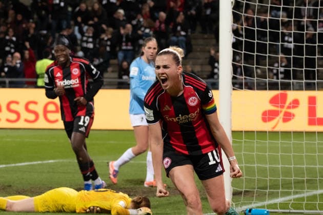 Germany Soccer Google Pixel Womens Bundesliga 2025 2026 Eintracht Frankfurt vs SC Freiburg 19 Matchday Am Brentanobad Stadion Frankfurt Goal for 1 0 by Laura Freigang Eintracht Frankfurt,10 Joy, jubilation, goal celebration Copyright: xOrhanxHabashx