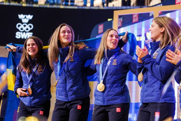260223 Anna Hasselborg, Sara McManus, Sofia Scharback and Johanna Heldin of the Swedish national women s curling team during a homecoming celebration event after returning home from the 2026 Winter Olympics on February 23, 2026 in Stockholm. *** 260223 Anna Hasselborg, Sara McManus, Sofia Scharback and Johanna Heldin of the Swedish national women s curling team during a homecoming celebration event after returning home from the 2026 Winter Olympics on February 23, 2026 in Stockholm  Copyright: CAISAxRASMUSSEN BB260223BB533