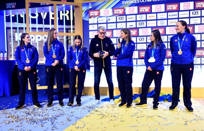 STOCKHOLM, SWEDEN 20260223 Jan Rippe jokes with four-time Olympic medalist in long jump Ebba Andersson as she and Olympic gold medalist curling team Hasselborg are celebrated at the Olympiafestivalen Westfield Mall of Scandinavia in Solna on Monday. STOCKHOLM SWEDEN x60160x *** STOCKHOLM, SWEDEN 20260223 Jan Rippe jokes with four time Olympic medalist in long jump Ebba Andersson as she and Olympic gold medalist curling team Hasselborg are celebrated at the Olympiafestivalen Westfield Mall of Scandinavia in Solna on Monday STOCKHOLM SWEDEN x60160x  Copyright: xStefanxJerrevang TTx HOMECOMING OCCASIONS