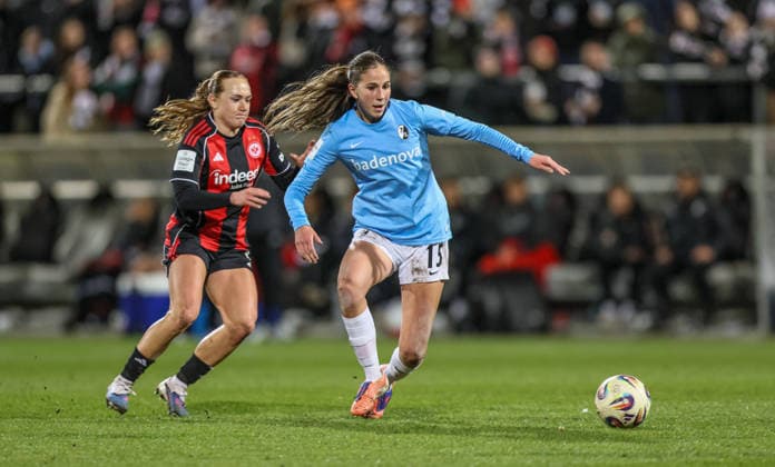 GER, Frankfurt, Eintracht Frankfurt vs SC Freiburg, Google Pixel Bundesliga, Football, DFB, Season 2025 2026, Stadion am Brentanobad, 19 Matchday in the picture from l Lisanne Gräwe Eintracht Frankfurt Women 8 , Maj Schneider SC Freiburg Women 15 DFB DFL REGULATIONS PROHIBIT ANY USE OF PHOTOGRAPHS AS IMAGE SEQUENCES AND OR QUASI VIDEO, 23 02 2026 Copyright: HMBxMedia HendrikxHamelau