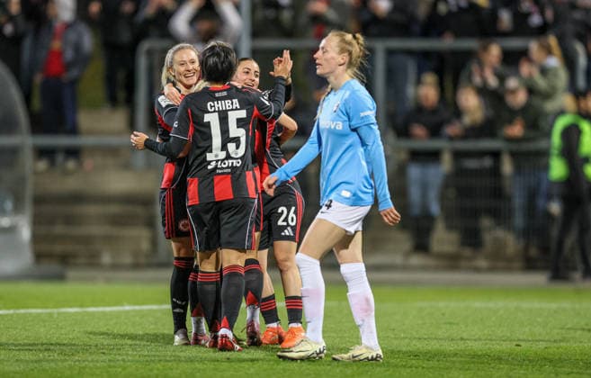 GER, Frankfurt, Eintracht Frankfurt vs SC Freiburg, Google Pixel Bundesliga, Football, DFB, Season 2025 2026, Stadion am Brentanobad, 19 Matchday in the picture v l Rebecka Blomqvist Eintracht Frankfurt Women 28 , Chiba Remina Eintracht Frankfurt Women 25 , Ainhoa Alguacil Eintracht Frankfurt Women 26 , Goal, jubilation and joy, emotions, 3 0 DFB DFL REGULATIONS PROHIBIT ANY USE OF PHOTOGRAPHS AS IMAGE SEQUENCES AND OR QUASI VIDEO, 23 02 2026 Copyright: HMBxMedia HendrikxHamelau