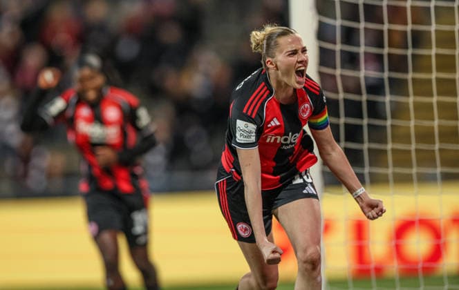 GER, Frankfurt, Eintracht Frankfurt vs SC Freiburg, Google Pixel Bundesliga, Football, DFB, Season 2025 2026, Stadion am Brentanobad, 19 Matchday in picture Laura Freigang Eintracht Frankfurt Women 10 , 1 0, Goal, Cheering and joy, Emotions DFB DFL REGULATIONS PROHIBIT ANY USE OF PHOTOGRAPHS AS IMAGE SEQUENCES AND OR QUASI VIDEO, 23 02 2026 Copyright: HMBxMedia HendrikxHamelau