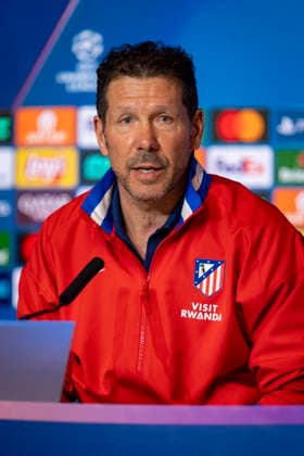 Atletico de Madrid Training Session And press conference, PK, Pressekonferenz - UEFA Champions League 2025 26 League Knockout Play-off Second Leg Diego Pablo Simeone, head coach of Atletico de Madrid, speaks during the Training Session And Press Conference ahead of the UEFA Champions League 2025 26 League Knockout Play-off Second Leg match against Club Brugge KV at Estadio Riyadh Air Metropolitano on February 23, 2026 in Madrid, Spain. Madrid Estadio Riyadh Air Metropolitano Madrid Spain Copyright: xAlbertoxGardinx AGardin_20260223_Foot_Champ_Atletico_Madrid_PC_0184