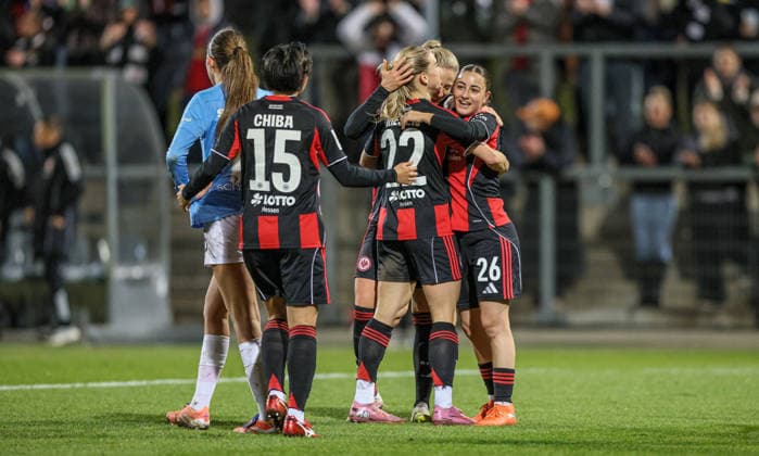 GER, Frankfurt, Eintracht Frankfurt vs SC Freiburg, Google Pixel Bundesliga, Football, DFB, Season 2025 2026, Stadion am Brentanobad, 19 Matchday in picture Goal, Cheers and joy, Emotions, Nadine Riesen Eintracht Frankfurt Women 22 , Rebecka Blomqvist Eintracht Frankfurt Women 28 , Ainhoa Alguacil Eintracht Frankfurt Women 26 DFB DFL REGULATIONS PROHIBIT ANY USE OF PHOTOGRAPHS AS IMAGE SEQUENCES AND OR QUASI VIDEO, 23 02 2026 Copyright: HMBxMedia HendrikxHamelau