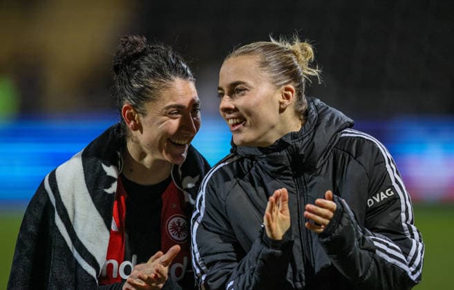 GER, Frankfurt, Eintracht Frankfurt vs SC Freiburg, Google Pixel Bundesliga, Football, DFB, Season 2025 2026, Stadion am Brentanobad, 19 Matchday in picture Eintracht Frankfurt Women win 3 0 on goals against SC Freiburg, Joy and emotions after the victory, Eleni Markou Eintracht Frankfurt Women 3 , Laura Freigang Eintracht Frankfurt Women 10 DFB DFL REGULATIONS PROHIBIT ANY USE OF PHOTOGRAPHS AS IMAGE SEQUENCES AND OR QUASI VIDEO, 23 02 2026 Copyright: HMBxMedia HendrikxHamelau