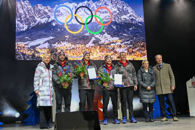 OLYMPICS - Winter Olympic Games, Olympische Spiele, Olympia, OS Milano Cortina 2026 INNSBRUCK,AUSTRIA,23.FEB.26 - OLYMPICS - Winter Olympic Games Milano Cortina 2026, Olympic Team Austria, medal celebration. Image shows president Roswitha Stadlober (Ski Austria), Vincent Kriechmayr, Manuel Feller, Fabio Gstrein (AUT), president Hort Nussbaumer (OEOC), state secretary Michaela Schmidt and mayor Johannes Anzengruber.  GEPAxpictures xDanielxSchoenherr