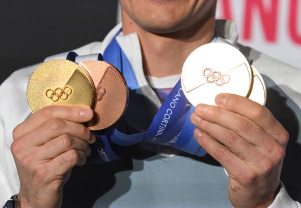 JO2026 : cÃ rÃ monie olympique - retour de la delegation francaise - Albertville Illustration of the gold and silver medals from the Milan-Cortina 2026 Olympic Games, Olympische Spiele, Olympia, OS during the Ceremony of the French delegation and the handover of the Olympic flag to France the day after the closing ceremony of the Milan-Cortina, Italy 2026 Winter Olympic Games. Albertville, Isere, February 23, 2026 AlbertvilleFrance  Copyright: xMouradxAllilix