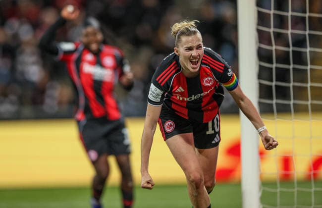 GER, Frankfurt, Eintracht Frankfurt vs SC Freiburg, Google Pixel Bundesliga, Football, DFB, Season 2025 2026, Stadion am Brentanobad, 19 Matchday in picture Laura Freigang Eintracht Frankfurt Women 10 , 1 0, Goal, Cheering and joy, Emotions DFB DFL REGULATIONS PROHIBIT ANY USE OF PHOTOGRAPHS AS IMAGE SEQUENCES AND OR QUASI VIDEO, 23 02 2026 Copyright: HMBxMedia HendrikxHamelau