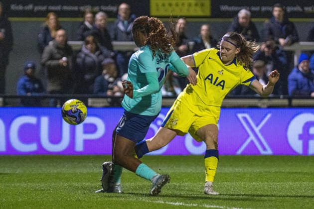 Signe Gaupset (8 Tottenham Hotspur) is blocked by Wassa Sangare (26 London City Lionesses) during the match between London City Lionesses and Tottenham Hotspur in the Adobe Women?s FA Cup 5th Round at CopperJax Community Stadium, Bromley, London, England on Monday 23rd February 2026. Copyright: xClairexJeffreyx xSPPx Sportspressphoto_SPR97082