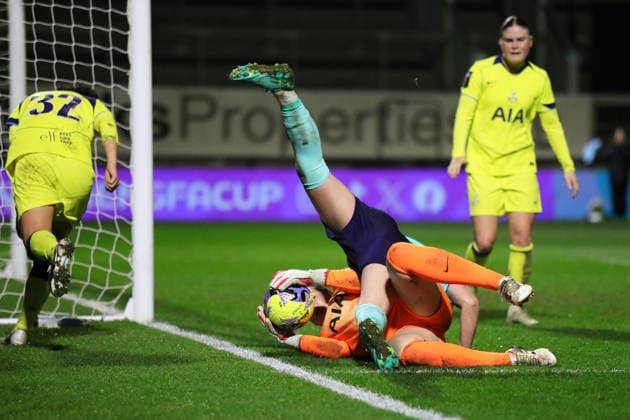 Teyah Goldie of London City Lionesses falls on top of Lize Kop of Tottenham Hotspur Women during the Women s FA Cup match between London City Lionesses and Tottenham Hotspur Women at Hayes Lane, Bromley, England on 23 February 2026. Copyright: xJoshuaxSmithx 44300105