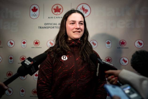 February 23, 2026, Richmond, Bc, CANADA: Canadian Luge athlete Embyr Lee Susko speaks to reporters after arriving at the Vancouver International Airport after competing at the Milan Cortina Olympic Winter games, Winterspiele,Spiele, Summer games in Richmond, B.C., on Monday, Feb. 23, 2026. Canada News - February 23, 2026  - ZUMAc35_ 20260223_zaf_c35_123 Copyright: xEthanxCairnsx